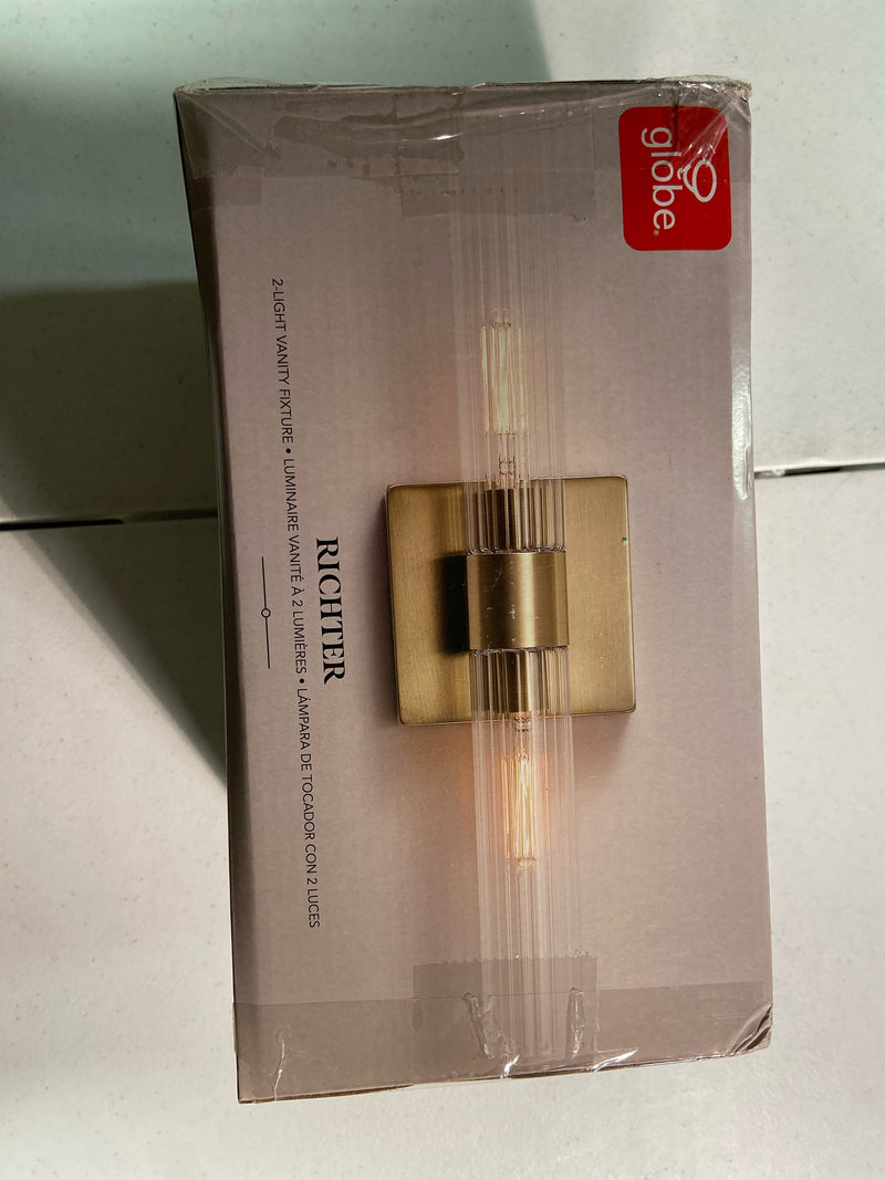 Globe Electric 63000052 18" 2-Light Vanity Light, Matte Brass Finish, Ribbed Glass Shade, Bathroom Décor, Home Décor, Home Improvement, Soft Glam Light, Makeup Lighting, Beauty Room Accessories