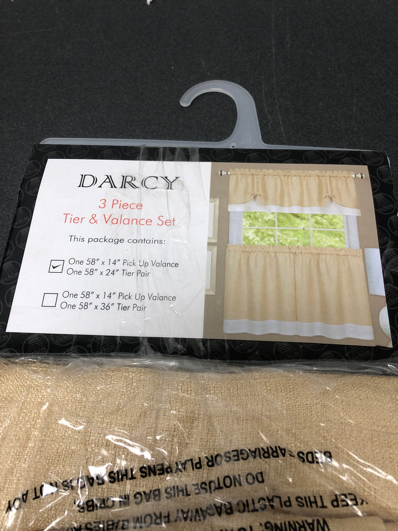 Achim DRTV24TW12 Darcy Tan/White Polyester Light Filtering Rod Pocket Tier and Valance Curtain Set 58 in. W x 24 in. L