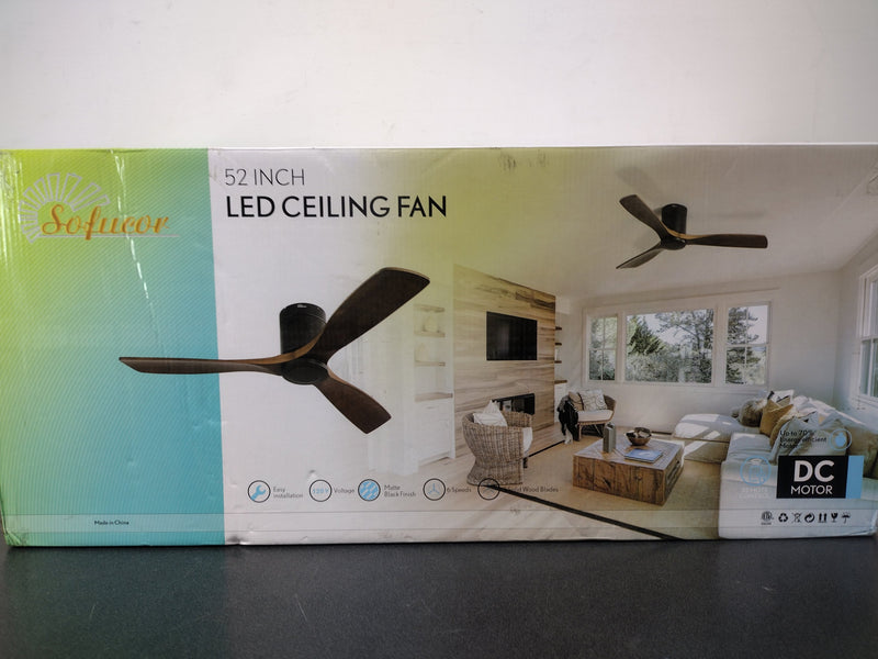 Sofucor 52 Inch Low Profile Ceiling Fan 3 Carved Wood Fan Blade Noiseless Reversible DC Motor Remote Control Without Light Flush Mount Farmhouse Ceiling Fan No Light for Low Ceiling