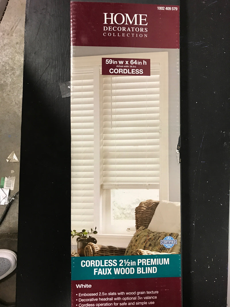 Home decorators collection 10793478361953 White Cordless Room Darkening 2.5 in. Premium Faux Wood Blind for Window - 59 in. W x 64 in. L