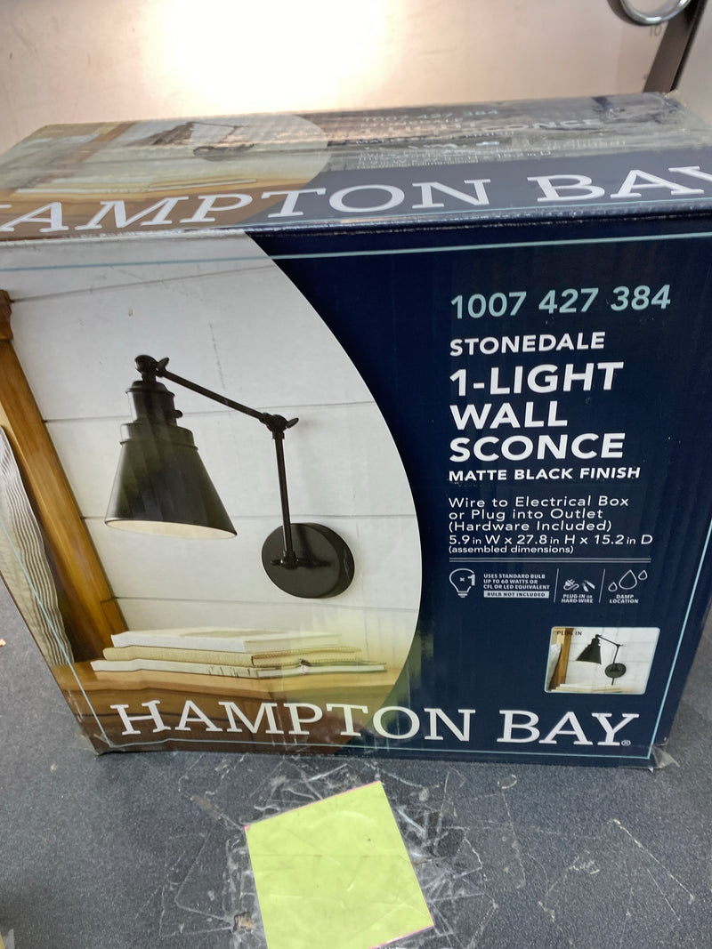 Hampton bay EW11475BK1-A 1-Light Black Plug-In/Hardwired Swing Arm Wall Lamp with 6 ft. Fabric Cord