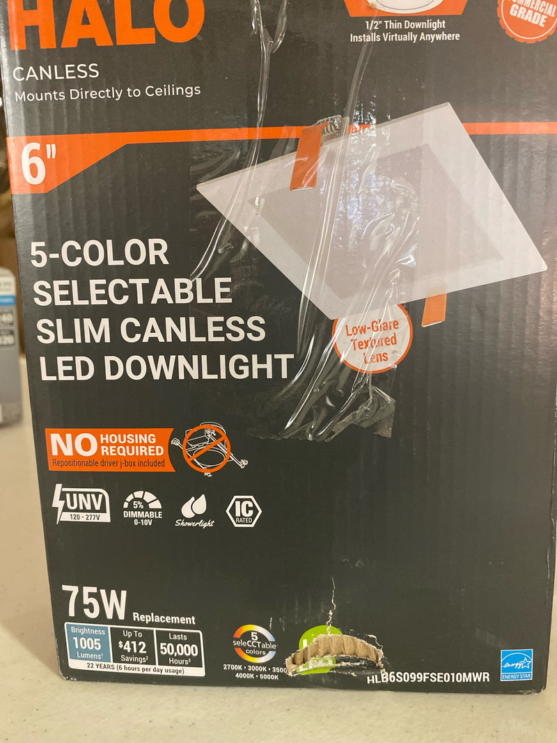 Halo HLB6S099FSE010MWR HLB 6 in. Selectable White Square New Construction/Remodel Canless Recessed Integrated LED Downlight Kit