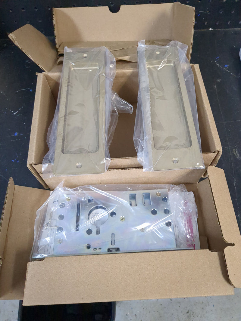 Emtek 2124TWB134 Rustic Modern Rectangular 8-1/2 Inch Passage Mortise Pocket Door Lock for 1-3/4" Thick Doors - Tumbled White Bronze