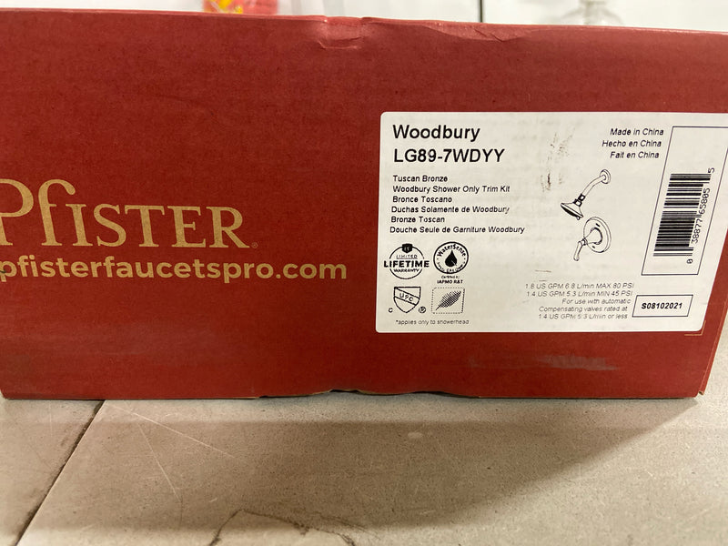 Pfister LG89-7WD Woodbury Shower Only Trim Package with 1.8 GPM Multi Function Shower Head with SecurePfit Anti-Wobble Handle, Pforever Seal, and Spot Defense - Tuscan Bronze
