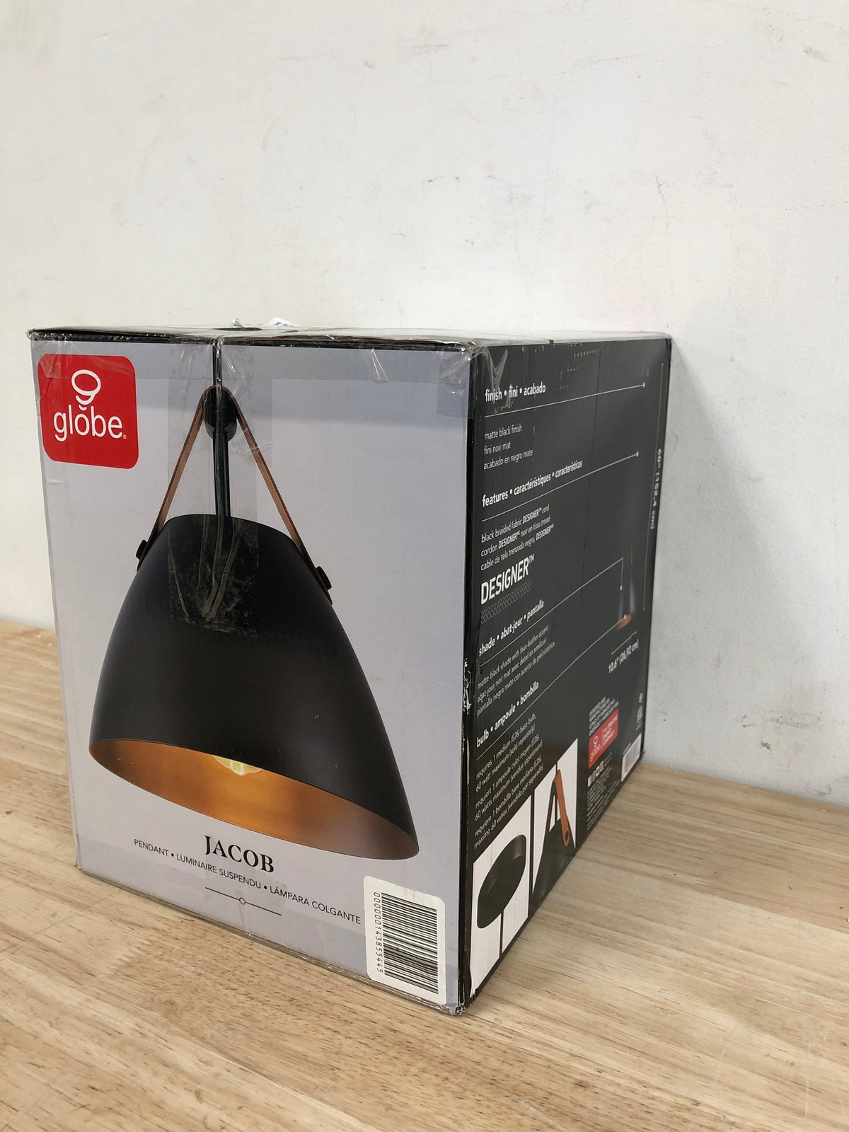 Globe Electric 67000099 1-Light Pendant Light, Matte Black, Faux Leather Strap, Black Braided Fabric Designer Cord, Black Canopy, Pendant Light Fixture, Adjustable Height, Home Décor Lighting