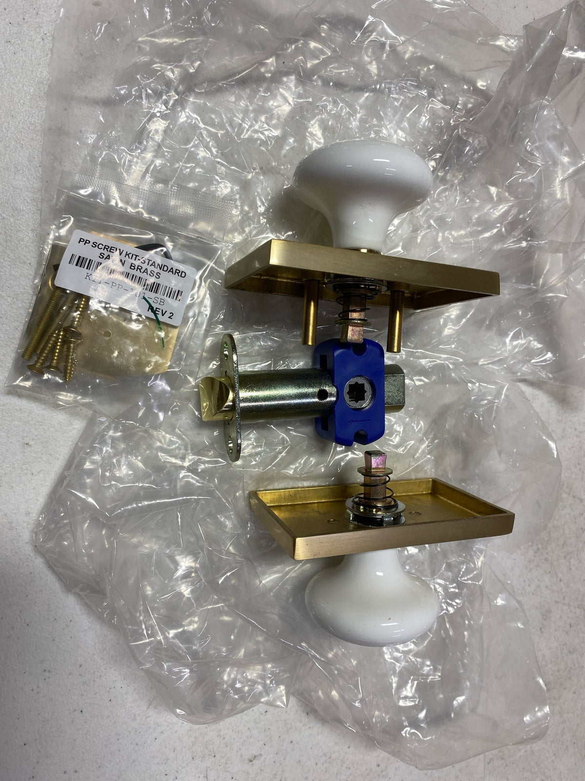 Emtek 810IWUS4 Ice White Porcelain Passage Door Knob Set - Satin Brass Rectangle Rosette