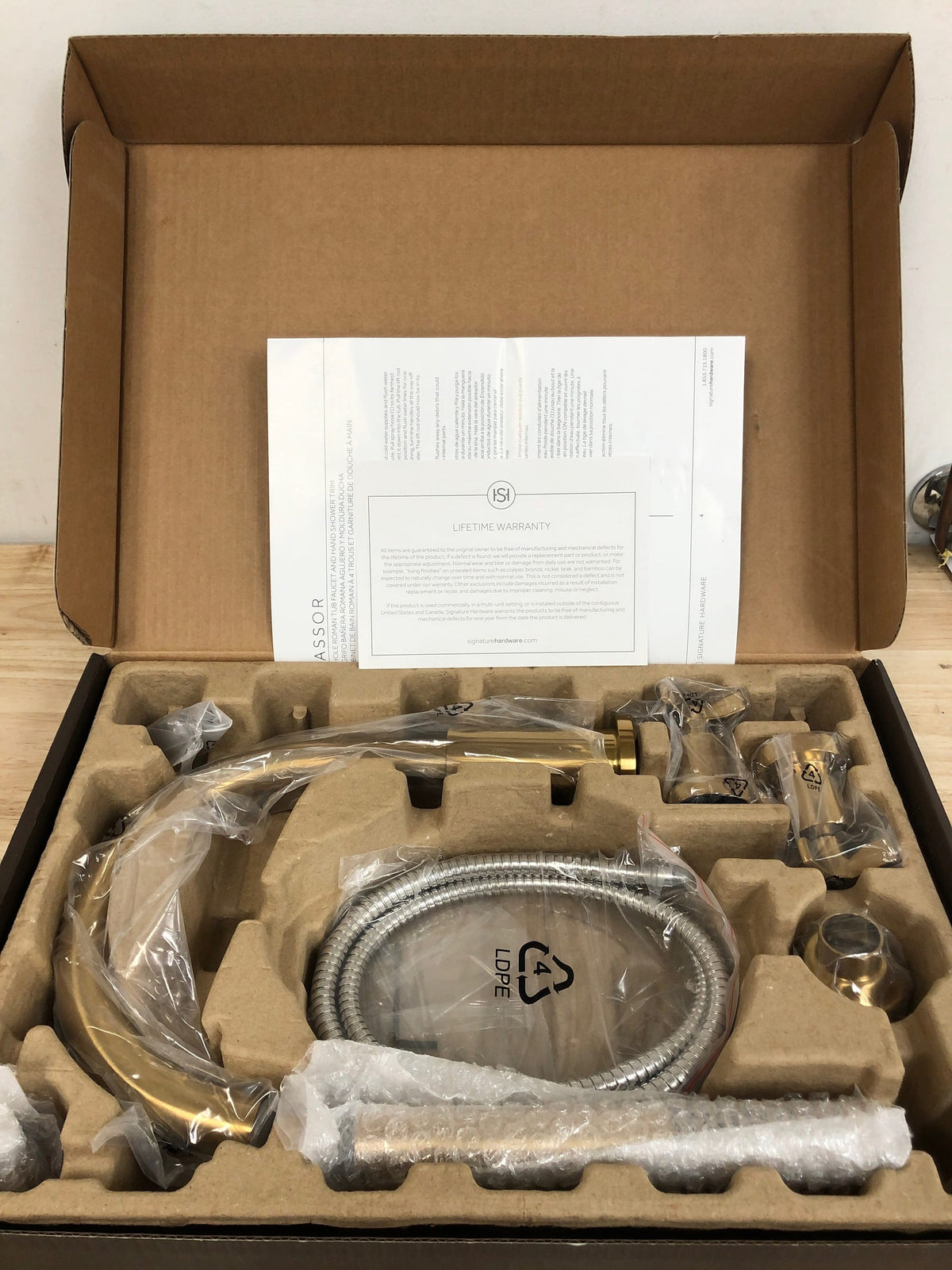 Signature Hardware SHVA4RTGBG Vassor Deck Mounted Roman Tub Filler with Built-In Diverter - Includes Hand Shower - Brushed Gold
