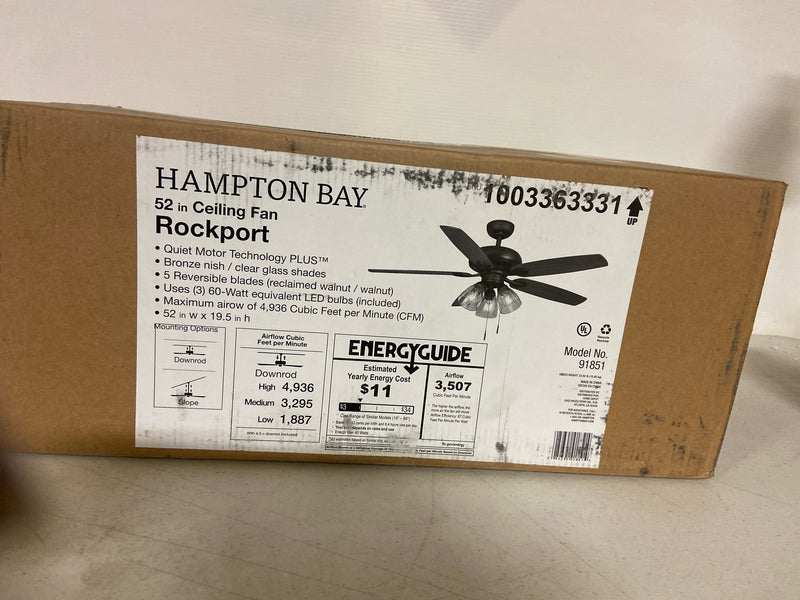 Hampton bay 91851 Rockport 52 in. Indoor LED Bronze Ceiling Fan with Light Kit, Downrod, and 5 Reversible Blades