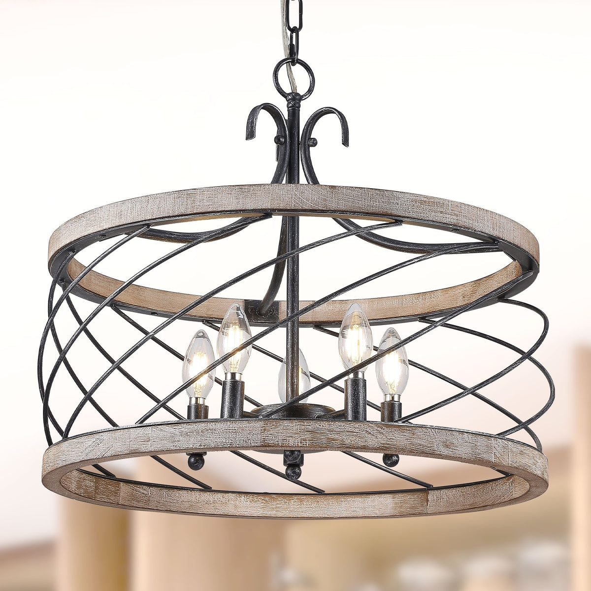 FC4071-H Oaks Aura Bryant Rustic 5-Light Weathered Wood Farmhouse Drum Chandelier, Adjustable Height Caged Chandelier for Dining Room