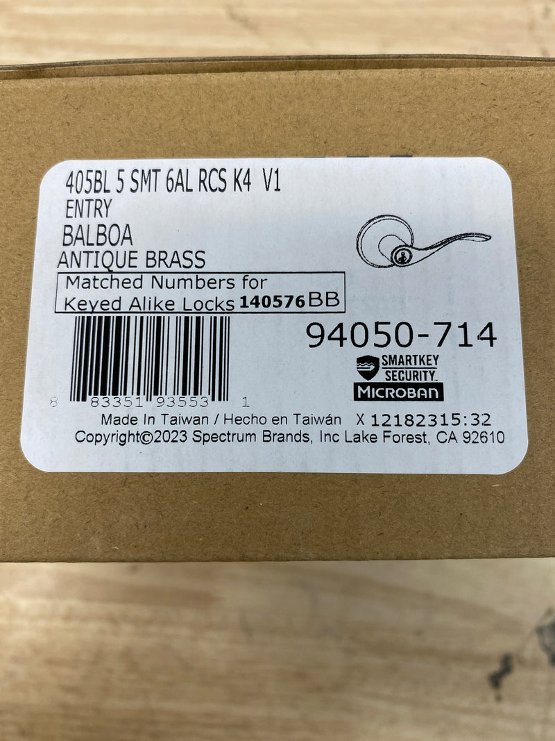 Kwikset 405BL-5S Balboa Reversible Keyed Entry Door Leverset with SmartKey - Antique Brass