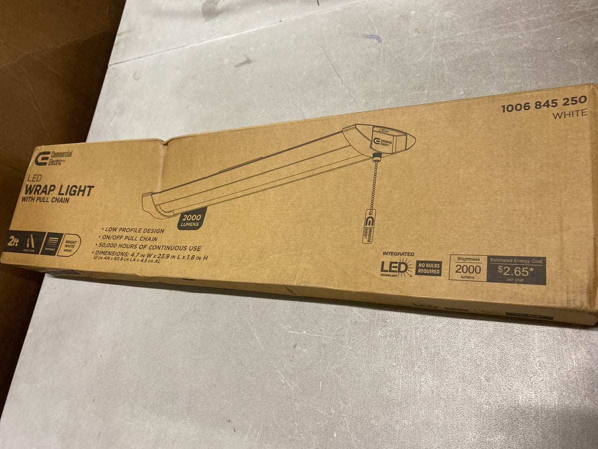 Commercial electric 568051410 1-Pack 2 ft 2000 Lumens Closet Light with Pull Chain LED Wraparound Light 20W Bright White 4000K Laundry Room Shop Light