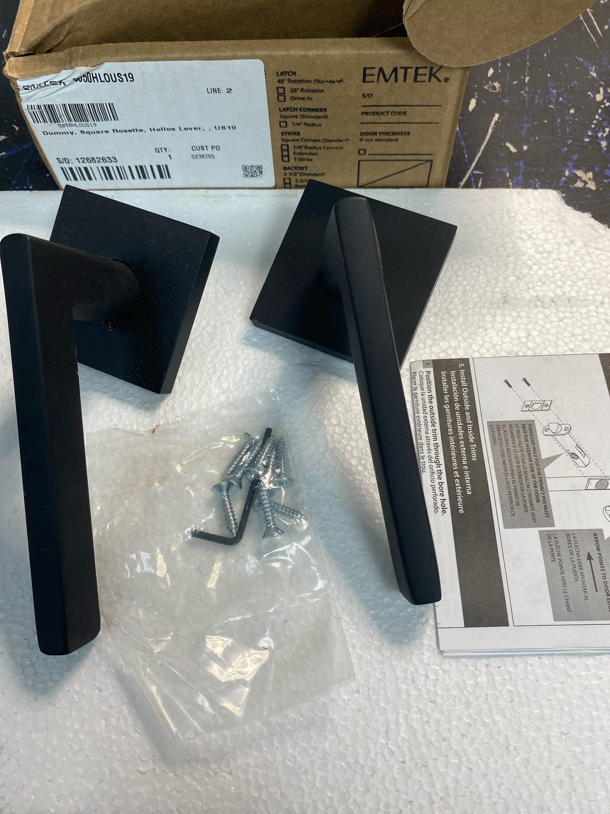 Emtek 5050HLOUS19RH Helios Right Handed Non-Turning Two-Sided Dummy Door Lever Set with Square Rose - Flat Black