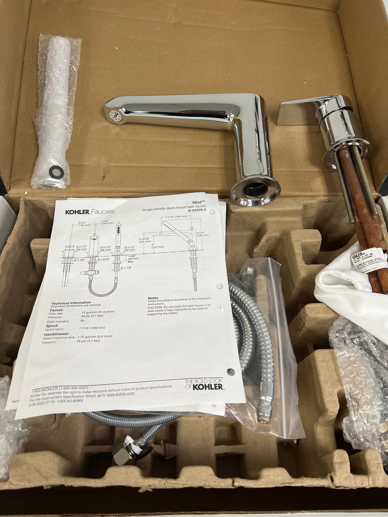 Kohler K-97070-4-CP Hint Deck Mounted Roman Tub Filler with Built-In Diverter - Includes Hand Shower - Polished Chrome