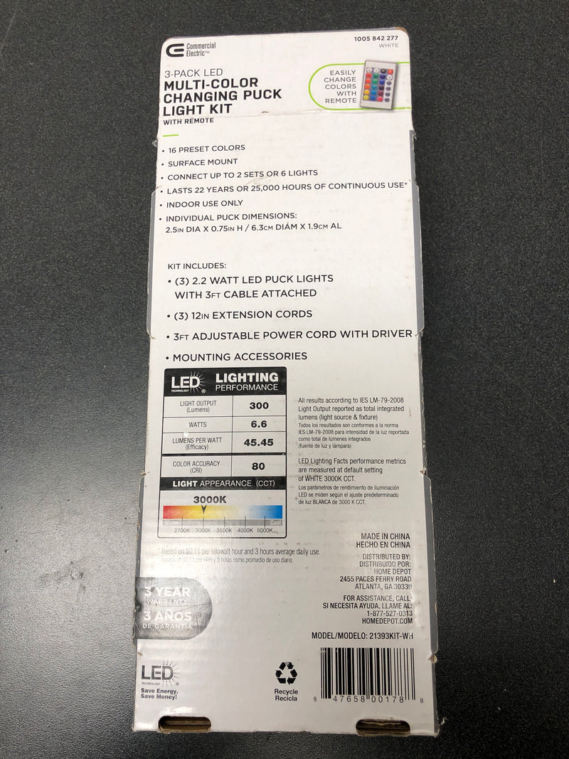 Commercial electric 21393KIT-WH Plug-in 3-Light LED RGBW Puck Light with Color Changing