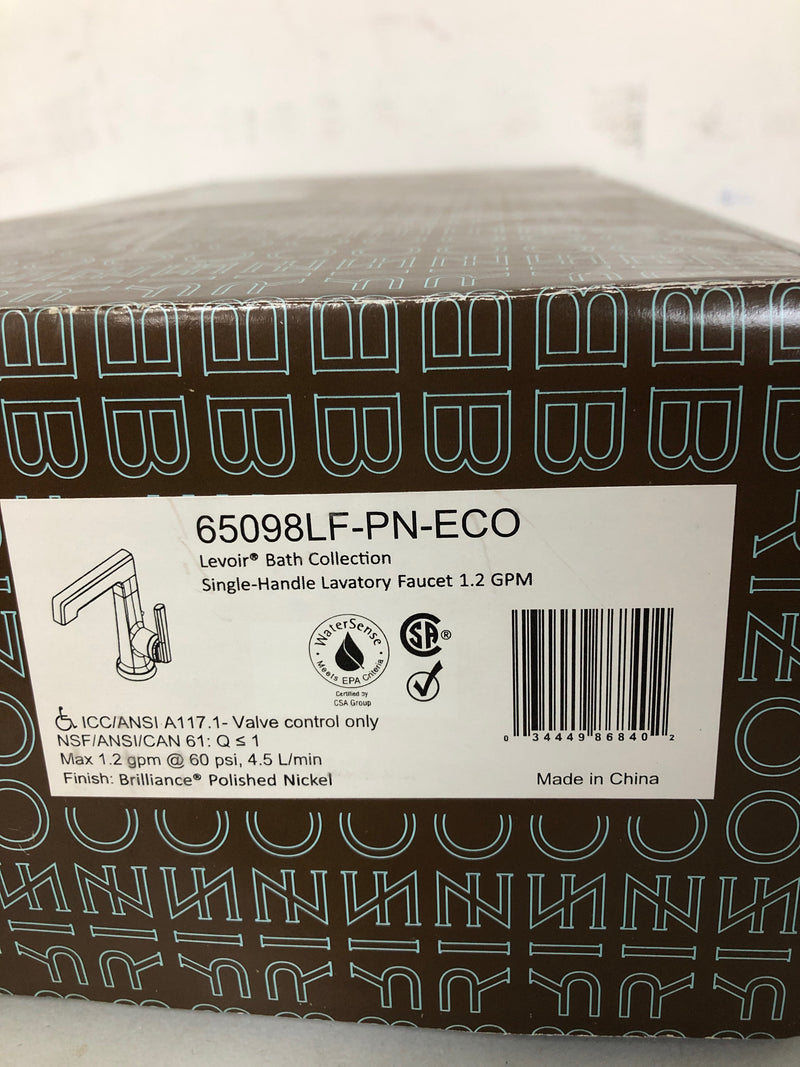 Brizo 65098LF-PN-ECO Levoir 1.2 GPM Single Hole Bathroom Faucet - Pop-Up Drain Assembly Included - Brilliance Polished Nickel