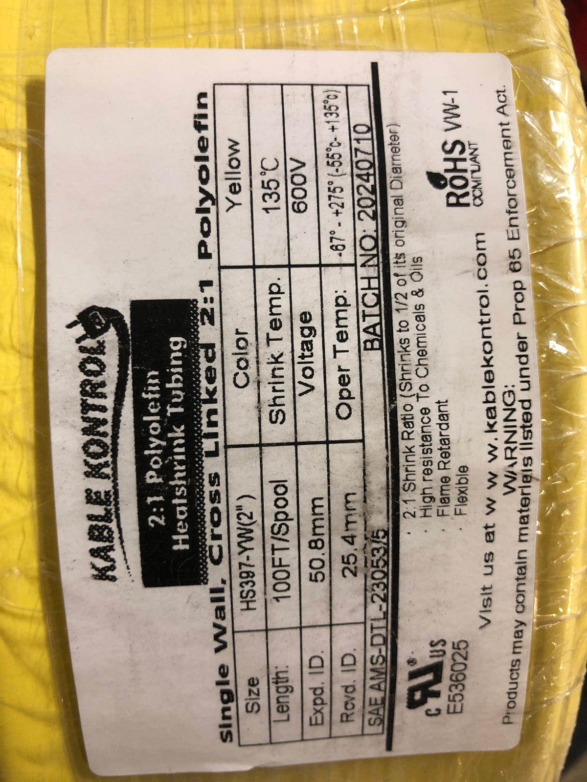 Kable Kontrol HS397-S100-YW 2" Yellow Shrink Tubing