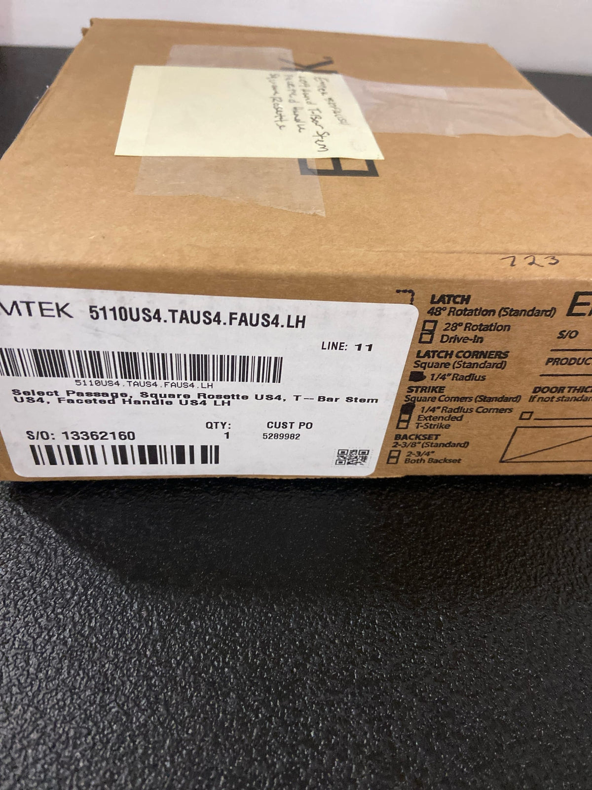 Emtek 510FAUS4 LH T-Bar Stem Faceted Passage Door Lever Set from the SELECT Brass Collection - Satin Brass Square Rosette