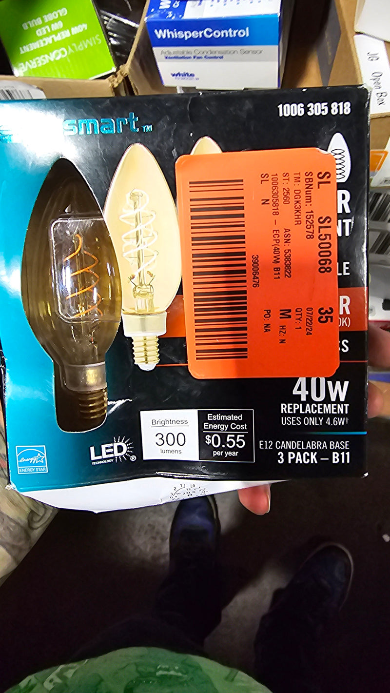 Ecosmart B11A5E12822S 40-Watt Equivalent B11 Dimmable E12 Candelabra Fine Bendy Filament LED Vintage Edison Light Bulb Amber (3-Pack)