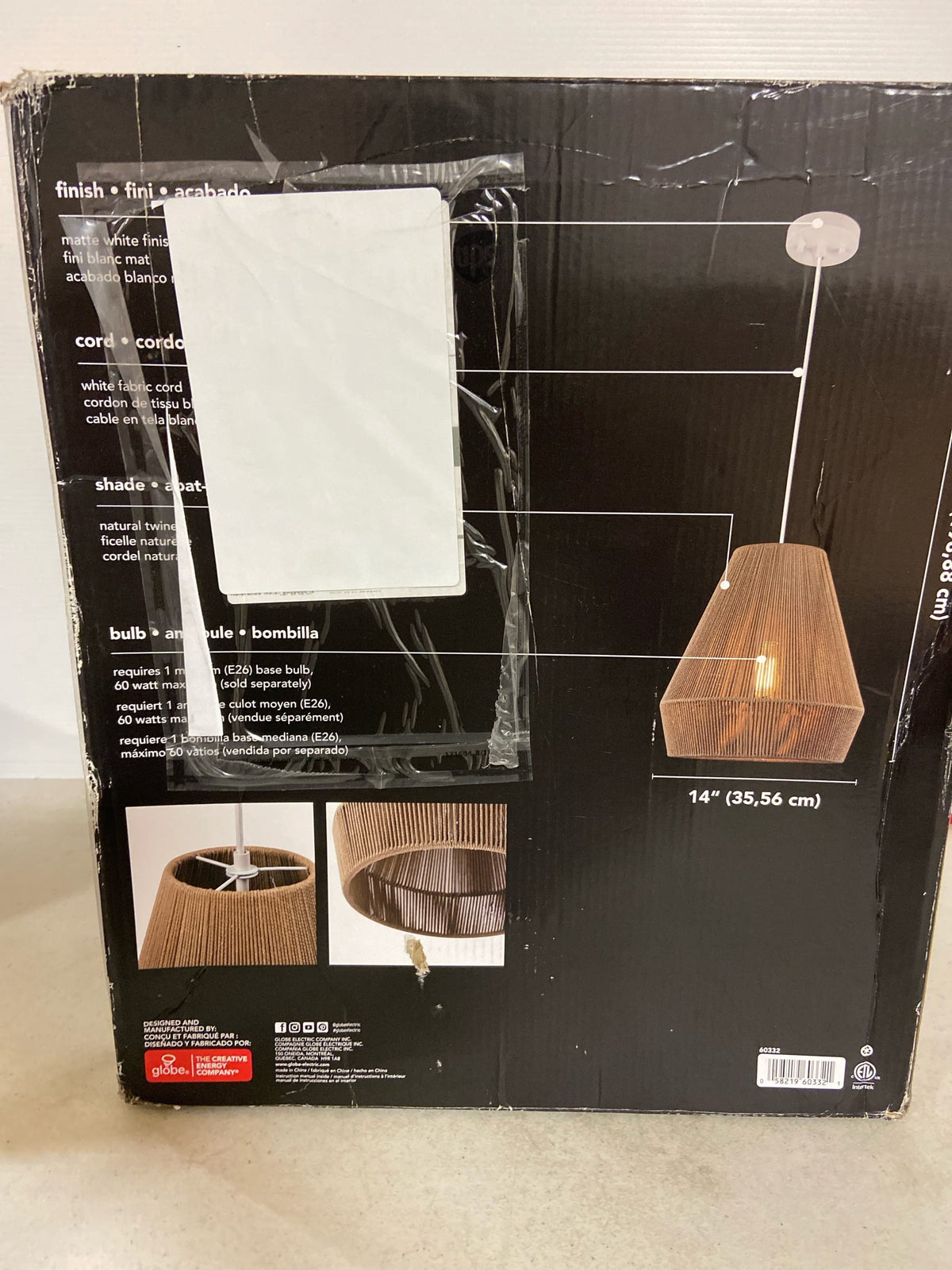 GLOBE Electric 60332 Grant 1-Light Pendant Lighting, Twine, Matte White, White Fabric Cord