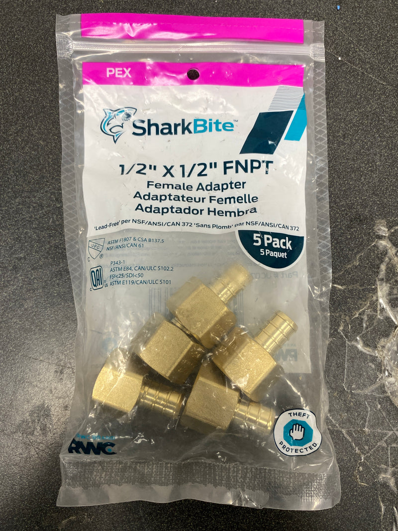 SharkBite 1/2 x 1/2 Inch FNPT Crimp Adapter, Pack of 5, Brass Plumbing Fitting, PEX Pipe, PE-RT, UC072LFA5