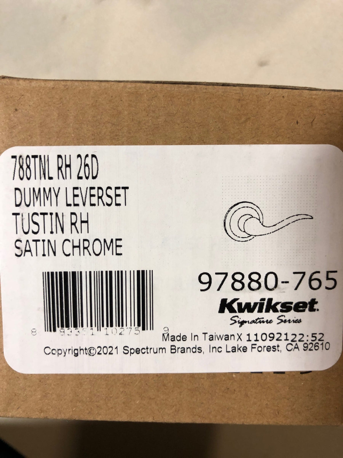 Kwikset 788TNLRH-26D Tustin Right Handed Non-Turning One-Sided Dummy Door Lever - Satin Chrome
