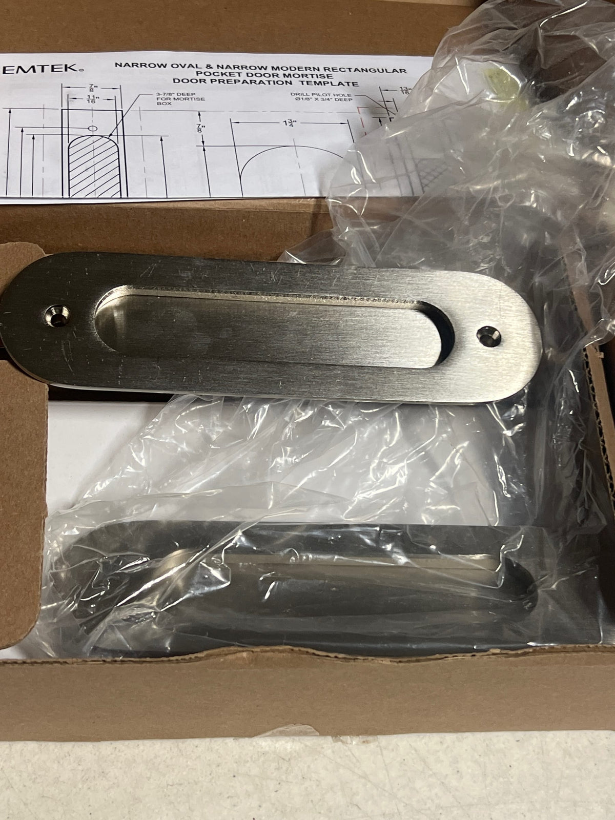 Emtek 2164US15138 Narrow Oval 7-1/4 Inch Tall Passage Mortise Pocket Door Pull for 1-3/8" Thick Doors - Satin Nickel