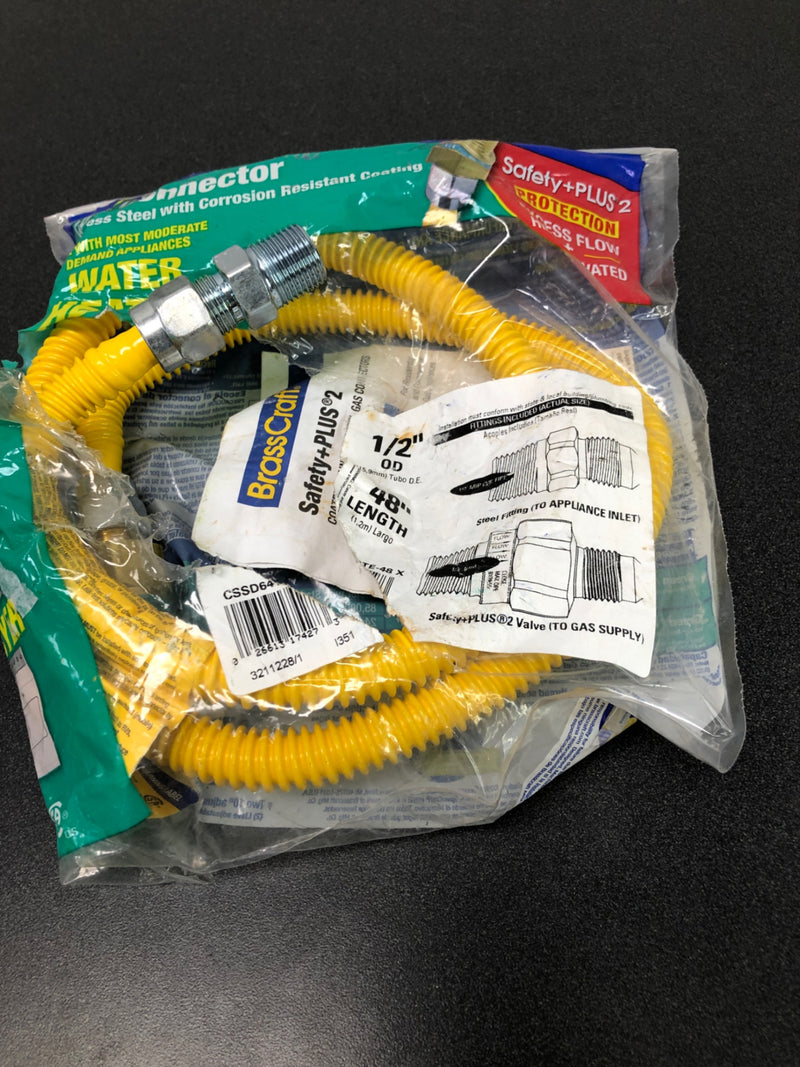 Brasscraft CSSD64TE-48 X 1/2 in. MIP x 1/2 in. MIP x 48 in. Gas Connector (1/2 in. OD) w/Safety+Plus2 Thermal Excess Flow Valve (60,500 BTU)