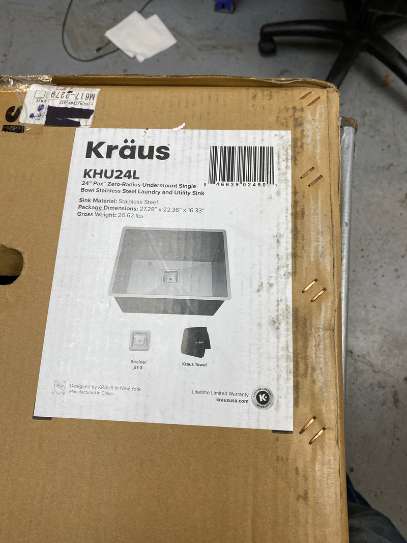 Kraus KHU24L Pax 24" Single Basin 18 Gauge Stainless Steel Kitchen Sink for Undermount Installations with NoiseDefend Technology and Pax Zero-Radius Corners - Stainless Steel