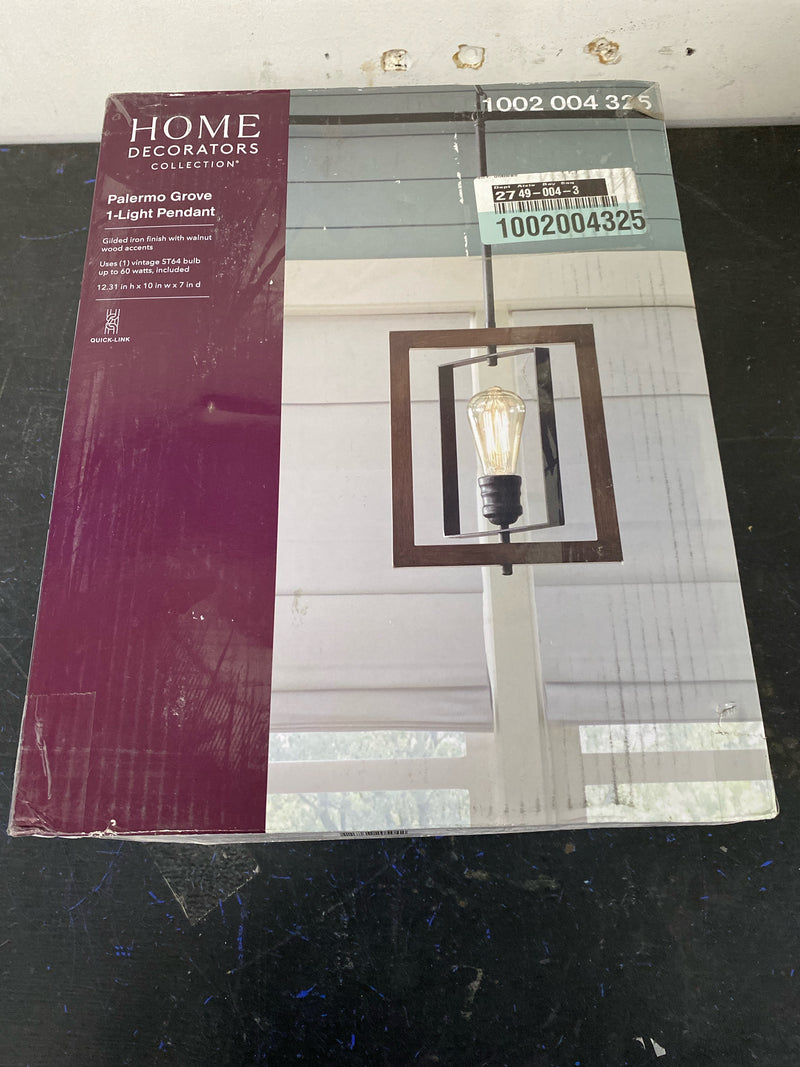 Home decorators collection 7927HDC Palermo Grove 10 in. 1-Light Gilded Iron Farmhouse Kitchen Island Mini-Pendant with Hand Painted Walnut Accents