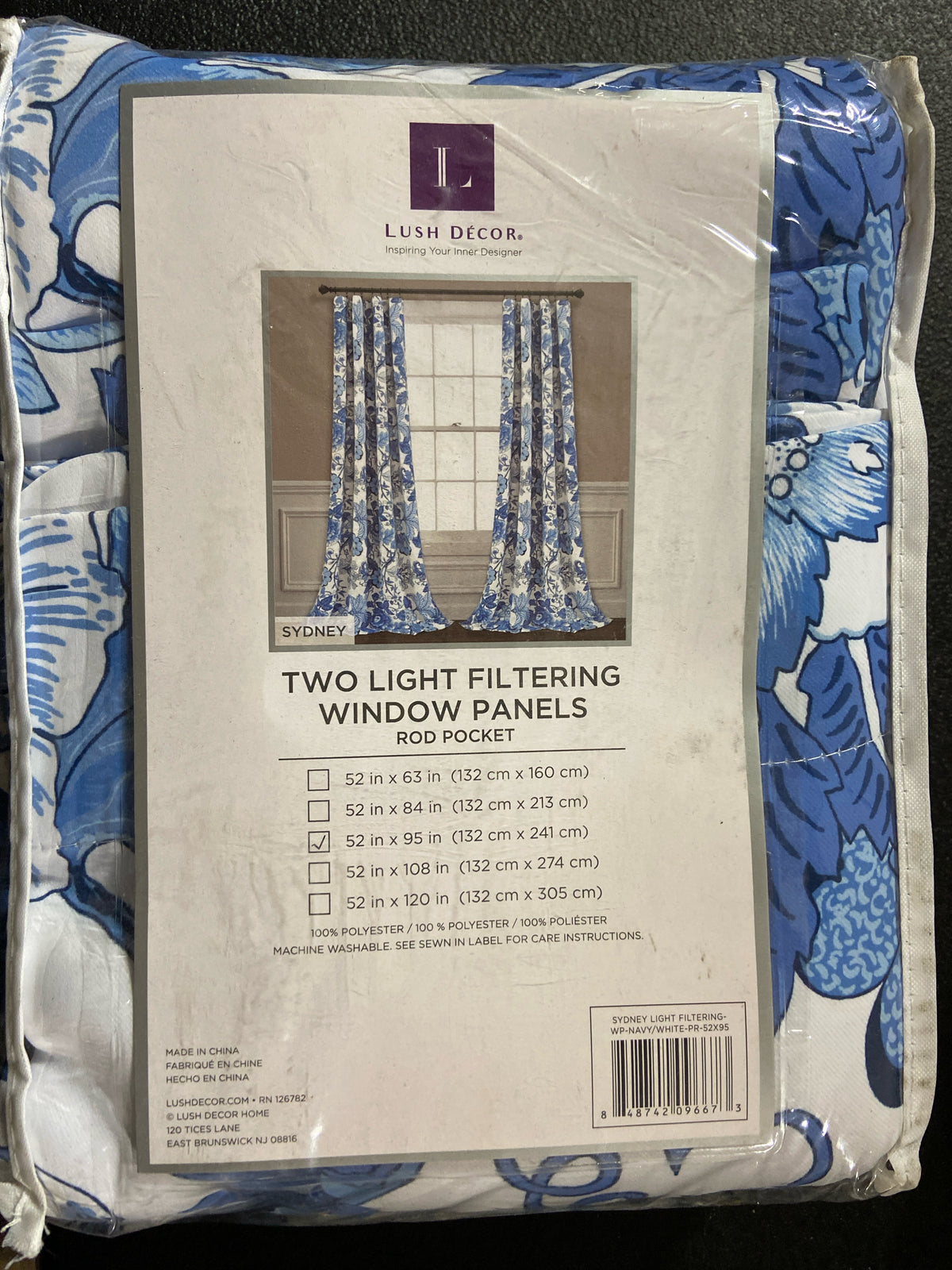 Lush decor 16T005377 Navy/White Floral Rod Pocket Room Darkening Curtain - 52 in. W x 95 in. L (Set of 2)