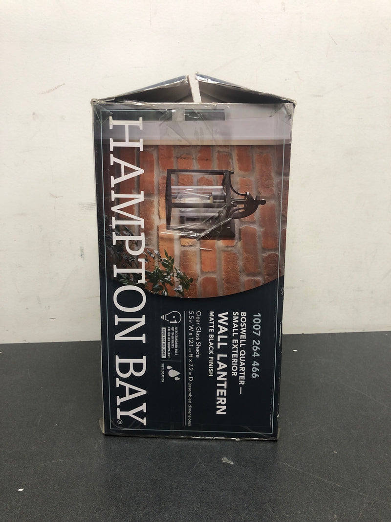 Hampton bay 1036HBMBDI Boswell Quarter 12.12 in. 1-Light Matte Black Hardwired Outdoor Transitional Wall Lantern Sconce with Clear Glass Shade