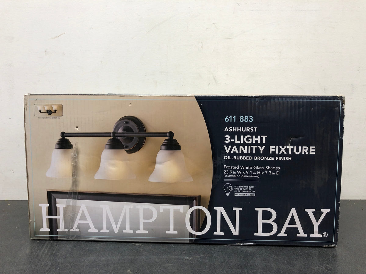 Hampton bay EGM1393A-4/ORB Ashhurst 3-Light Oil Rubbed Bronze Vanity Light with Frosted Glass Shades