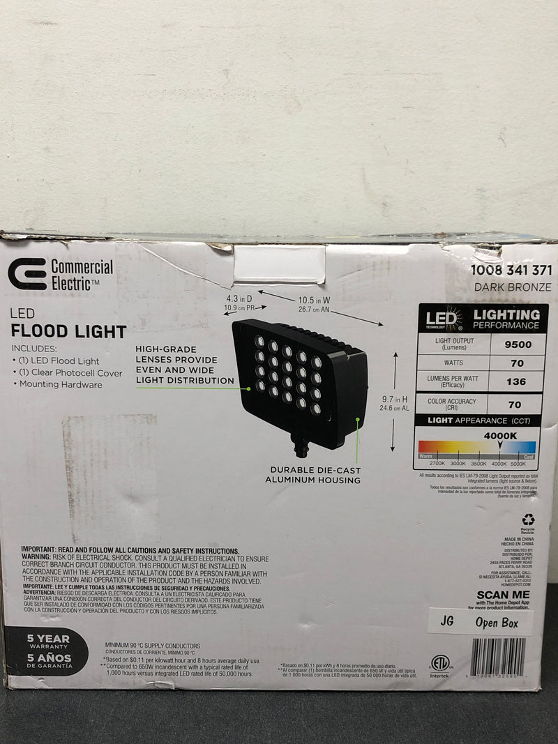 Commercial electric PWRFX70-PC-4K-BZ 250W Equivalent Integrated LED Bronze Outdoor High Output Flood Light, 9500 Lumens, 4000K, Dusk-to-Dawn