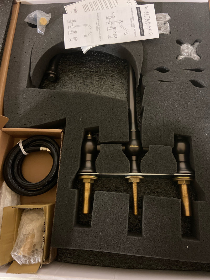 Vintage III Plus Bridge Faucet with Long Gooseneck Swivel Spout, Cross Handles and Solid Brass Side Spray