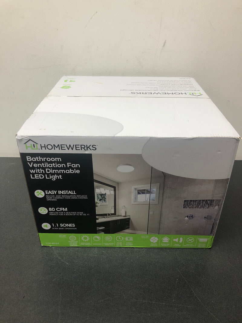 Homewerks worldwide 7141-80-G3 Round Decorative White 80 CFM Ceiling and Wall Mounted Bathroom Ventilation Exhaust Fan with Dimmable LED Light