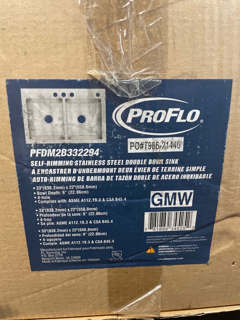 PROFLO Sault 33" Drop In Double Basin Stainless Steel Kitchen Sink - 4 Pre-drilled Holes