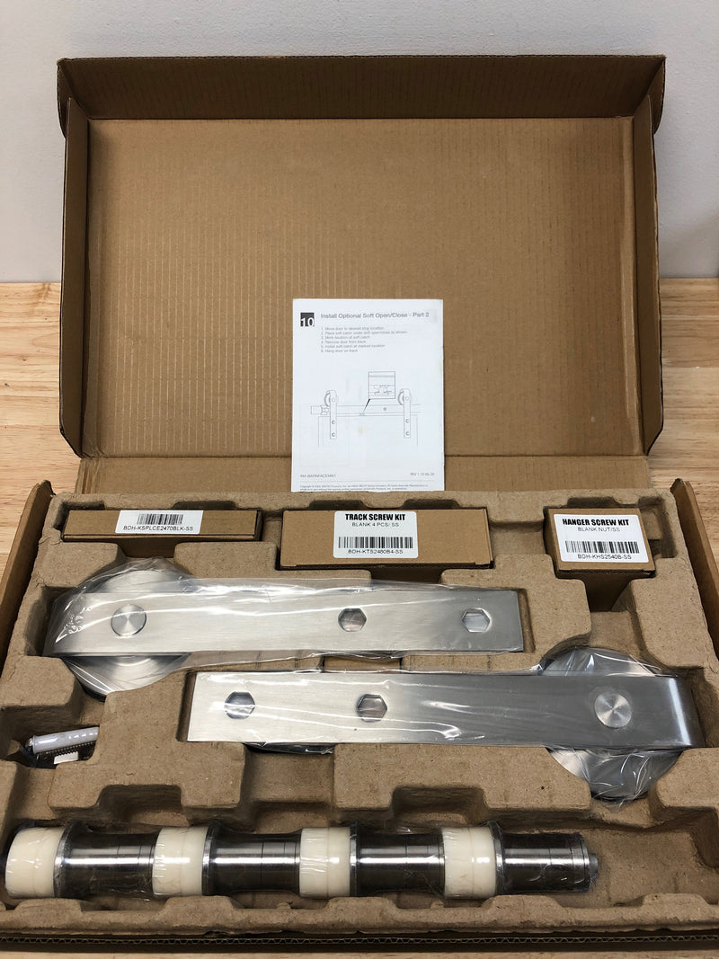 Emtek Classic 120 Inch Face Mount Double Barn Door Hardware Set - Includes Track, Hangers, and Matching Hardware - Brushed Stainless Steel