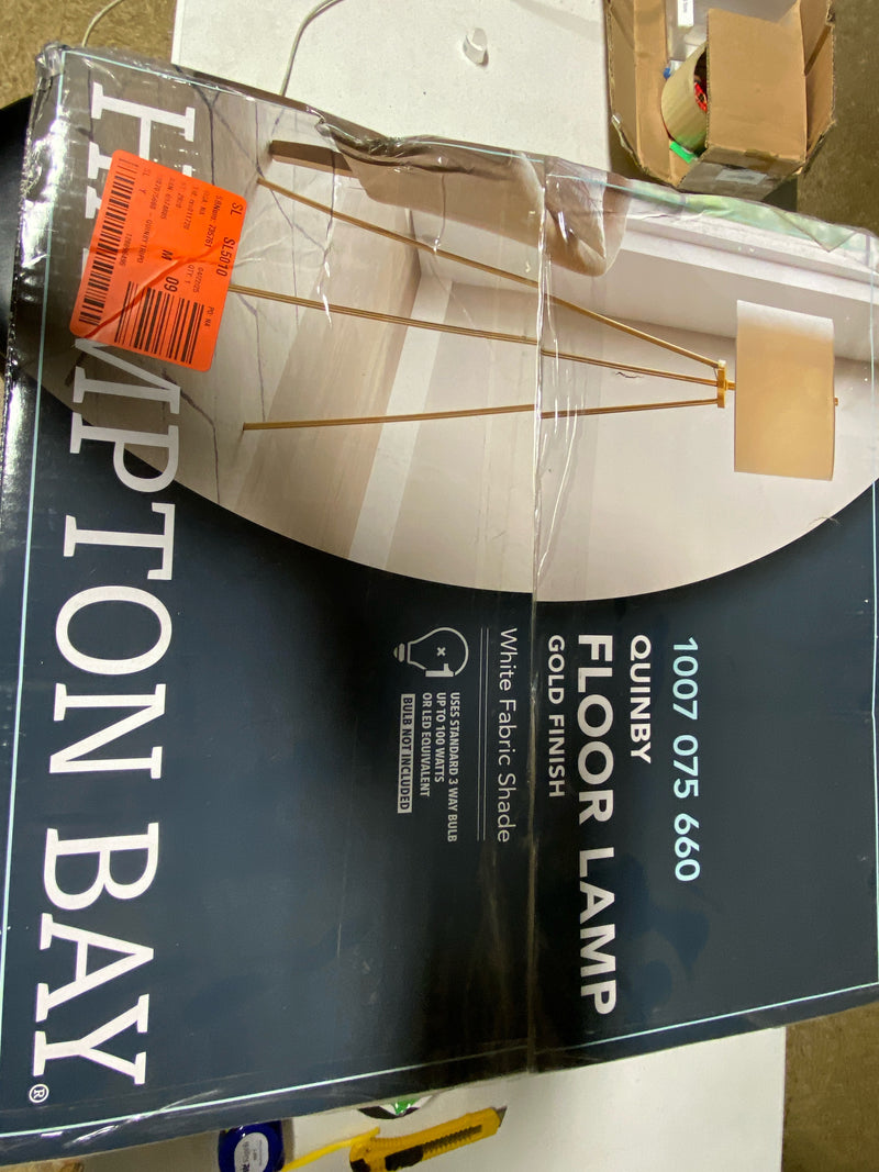 Hampton bay HD6420B Quinby 58 in. Gold Tripod Floor Lamp with White Fabric Shade