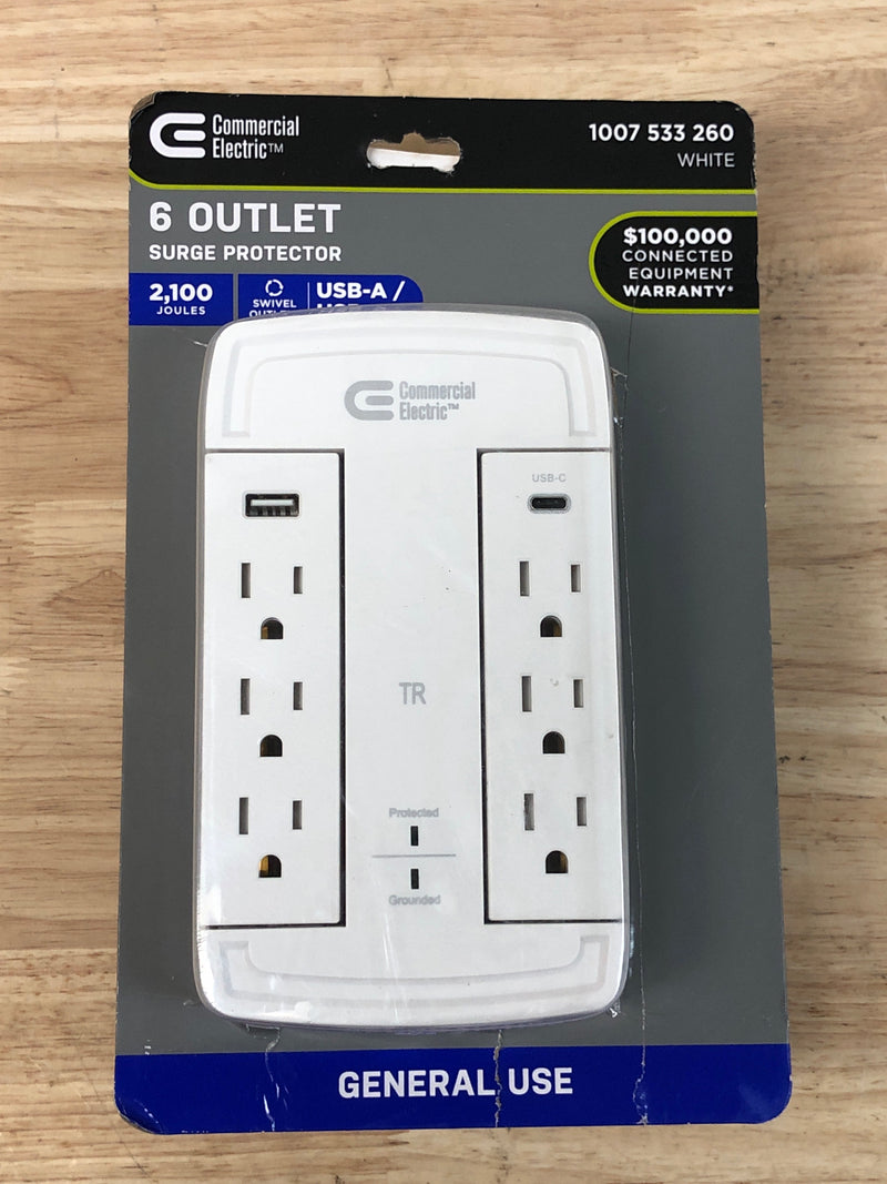 Commercial electric HDC6WSUCW 6-Outlet Wall Mounted Swivel Surge Protector with USB