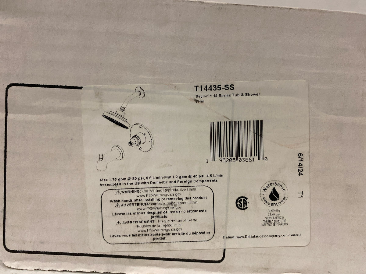 Delta T14435-SS Saylor 1-Handle Wall Mount Tub and Shower Trim Kit in Stainless (Valve Not Included)