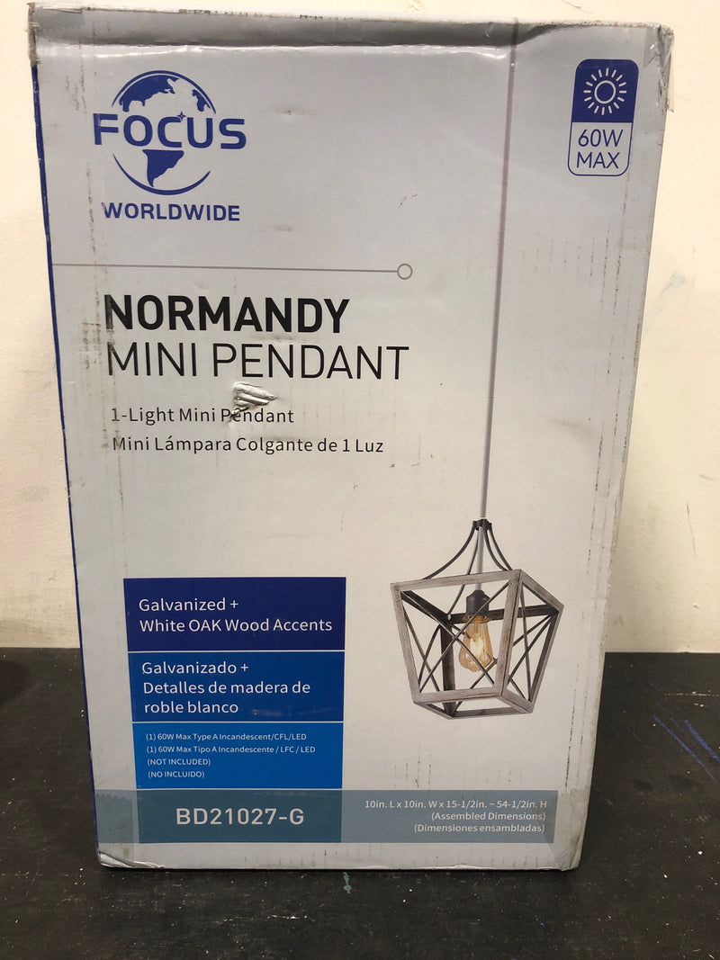 Worldwide lighting BD21027-G Normandy 1-Light Galvanized and White Oak Wood Accents Mini Pendant