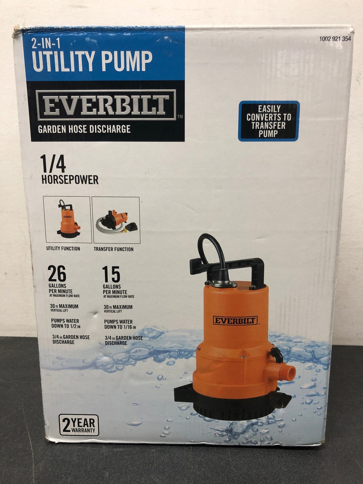 Everbilt UTA02510 1/4 HP 2-in-1 Submersible Utility and Transfer Pump