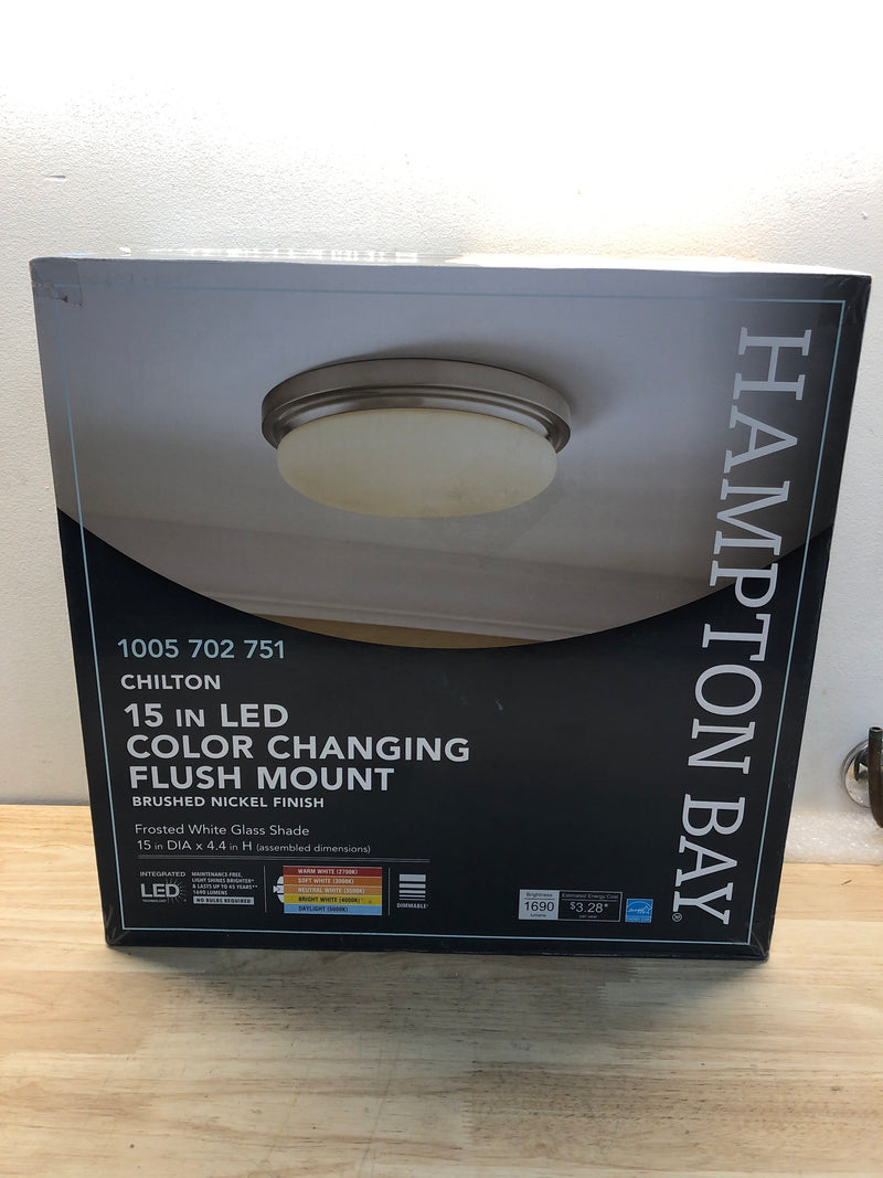 Hampton bay CG1aA026FR1D25 Chilton 15 in. Light Brushed Nickel Adjustable CCT Integrated LED Ceiling Flush Mount Fixture with Glass Shade