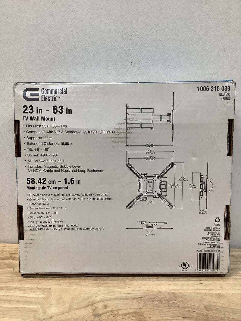Commercial electric XD2615-1A Full Motion Wall Mount for 23 in. to 63 in. TVs