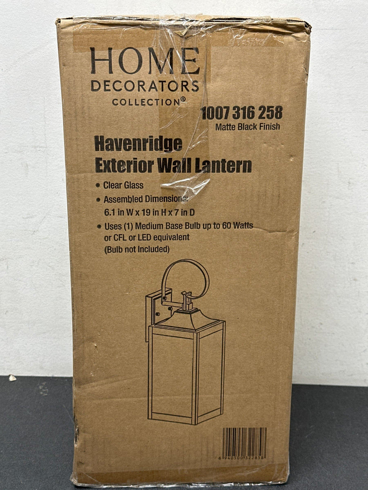 Home decorators collection KSZ1601AM-01/MB Havenridge 19 in. 1-Light Matte Black Hardwired Outdoor Wall Light Lantern Sconce with Clear Glass (1-Pack)