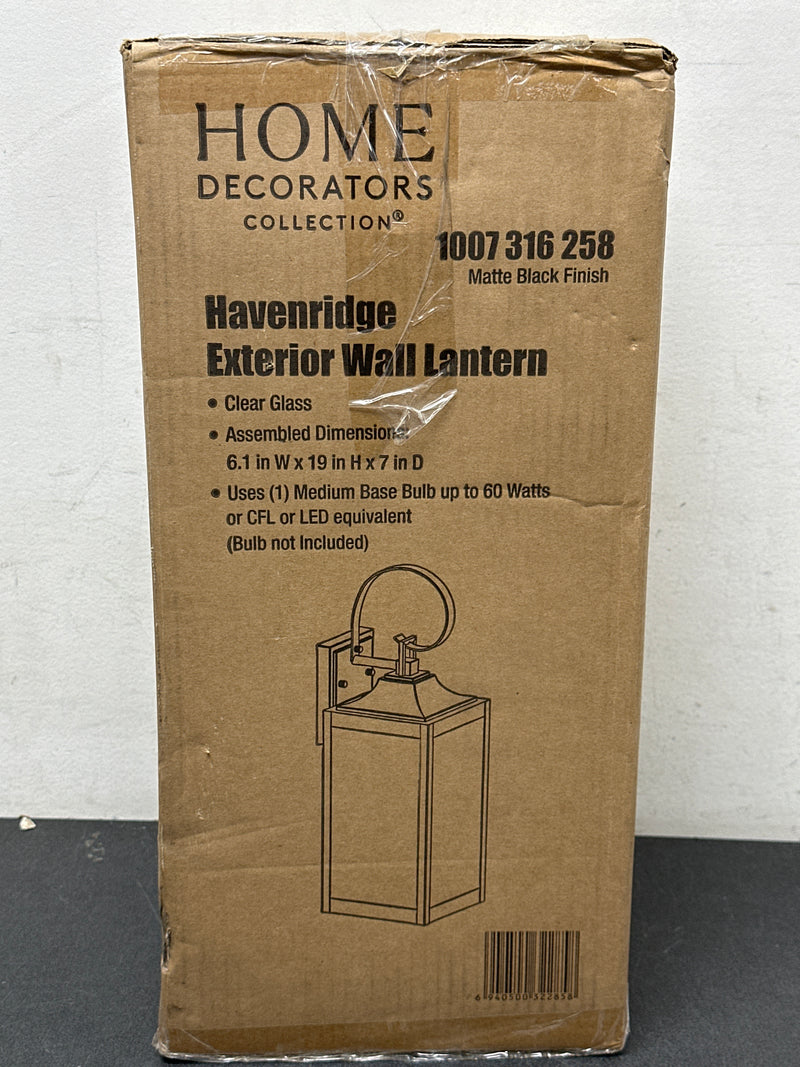 Home decorators collection KSZ1601AM-01/MB Havenridge 19 in. 1-Light Matte Black Hardwired Outdoor Wall Light Lantern Sconce with Clear Glass (1-Pack)