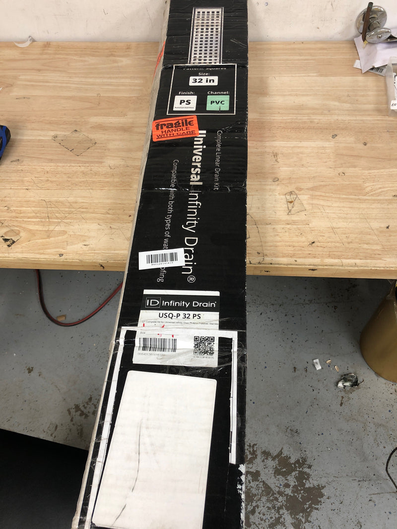 Infinity Drain USQ-P 32 PS 32" Complete Universal Infinity Drain Linear Drain Kit with PVC Channel and Square Pattern Grate - Polished Stainless