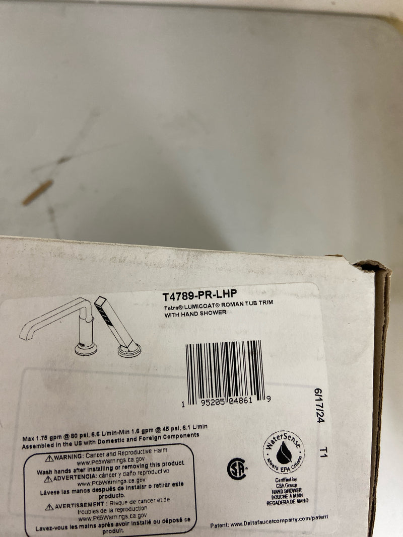 Delta T4789-PR-LHP Tetra Tub Deck Mounted Roman Tub Filler with Built-In Diverter and Hand Shower - Less Handles and Rough In - Lumicoat Chrome