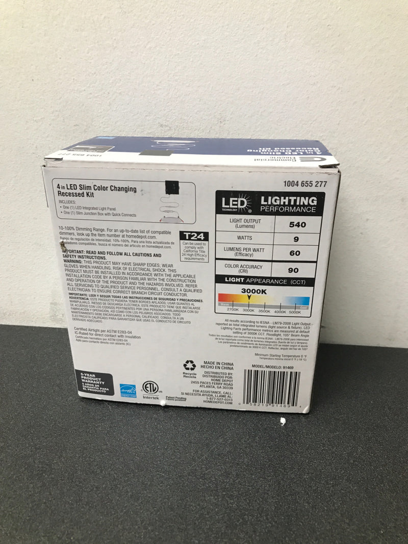 Commercial electric 91469 Ultra Slim 4 in. Color Selectable New Construction and Remodel Canless Recessed Integrated LED Kit