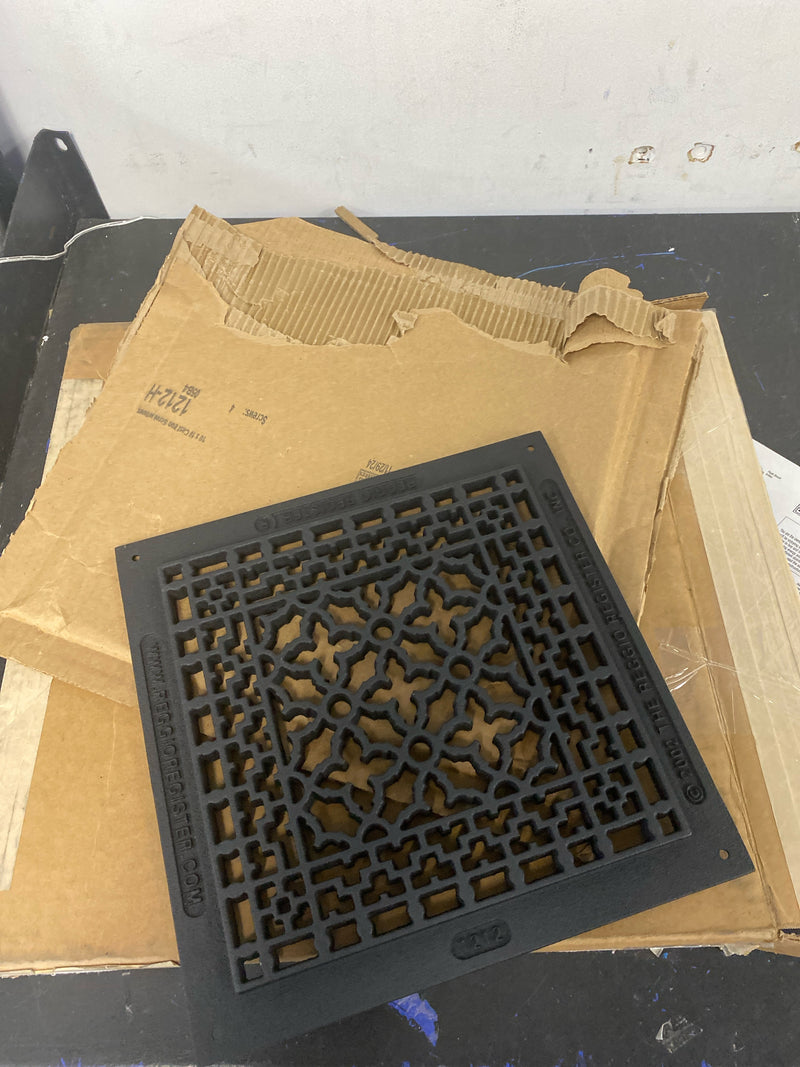 Reggio Registers Scroll Series Victorian Pattern Premium Luxury Floor Grate Cover Grille, Black Cast Iron Metal, 10 Inch x 10 Inch Inside, with Mounting Holes | 1212-H